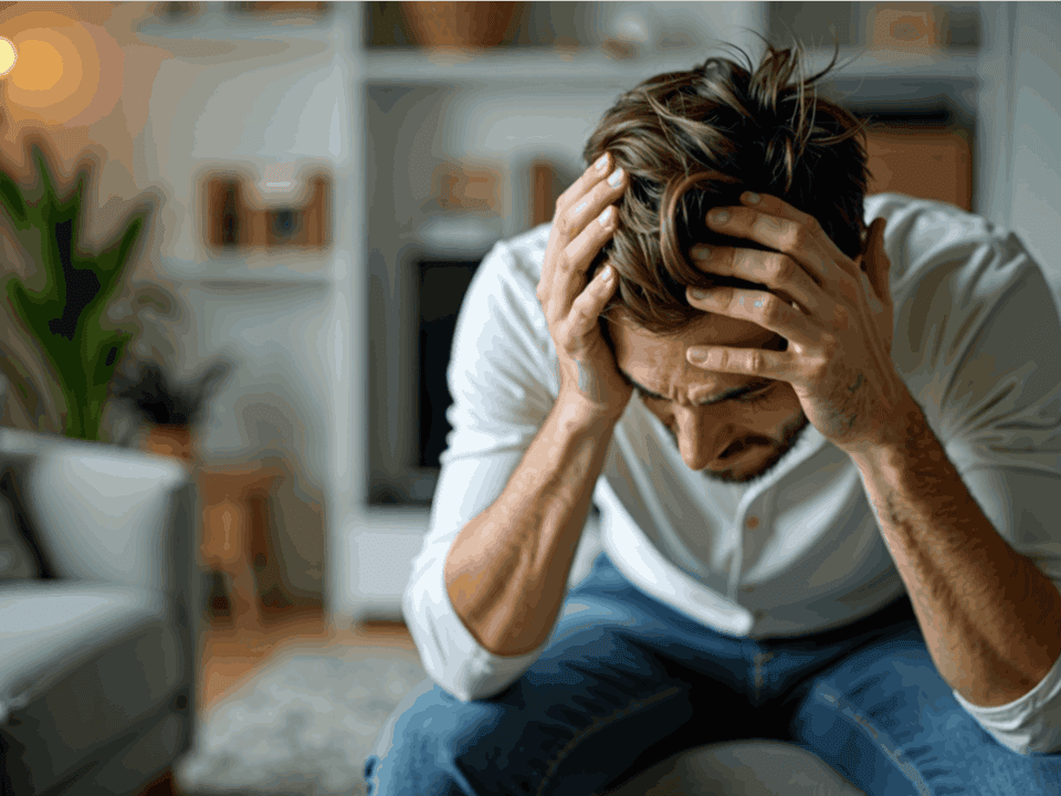 man sitting in living room with his head in his hands feeling shame